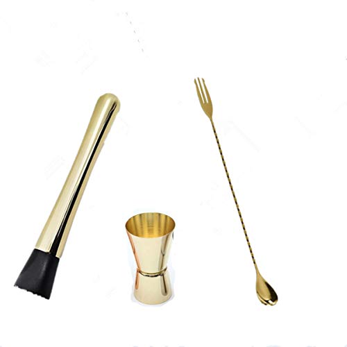 Pilon à cocktail en acier inoxydable, cuillère de mélange torsadée avec fourchette, ensemble de doubles, outils de bar essentiels doré