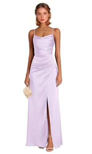 Vestido largo de gasa con cuello en V para dama de honor, vestido formal de fiesta de noche con abertura, plisado, vestido de invitada de boda, Lila, 36