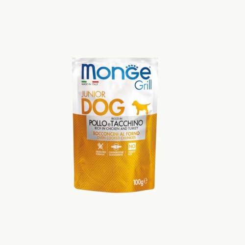 Monge grill Cane puppy, alimento completo per cani cuccioli, bocconi al forno gusto POLLO e TACCHINO 100gr | Promo 10 bustine da 100gr + 2 OMAGGIO.