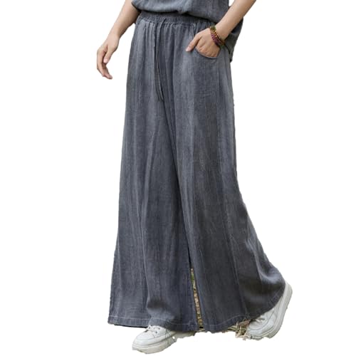Women's Linen Wide Leg Pants High Waist Elastic Drawstring Summer Palazzo Pants