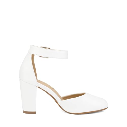 DREAM PAIRS DREAM PAIRS Women's High Heel Ankle Strap Closed Toe Chunky Wedding Party Pumps Shoes,Size 8.5,White/Pu,Angela