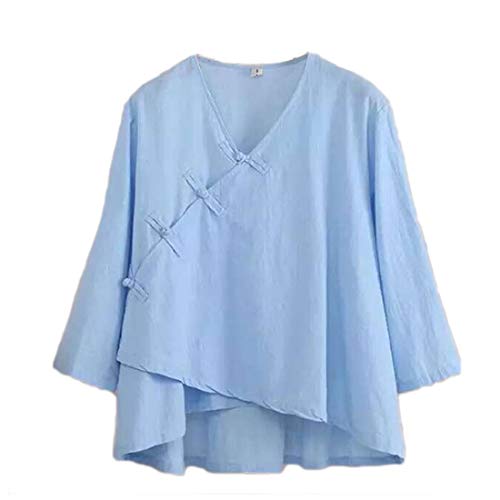 Inlefen Chemisiers pour Femmes T-Shirt à Manches Longues Élégant Coton Lin Bouffant Casual Décontracté Plaine Col Rond Style Chinois Pullover Chemisier Costume Chemise Hanfu Cover