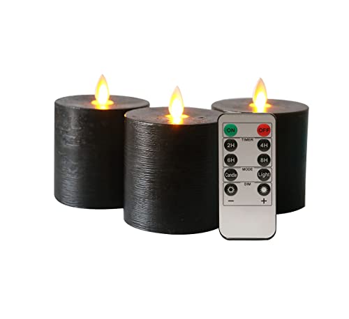 Kitch Aroma Black Flameless Pillar Candles Set of 3 Battery Operated with Moving Flame Wick Flickering LED Pillar Candle with Remote and Timer
