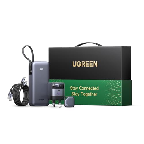 UGREEN Power Kit Includes 20000mAh PD 45W Power Bank 45W Retractable USB C Charger Two Type C Cables FineTrack Smart Finder Charging Set for iPad/iPhone/Samsung Suitable for Home Business Travel