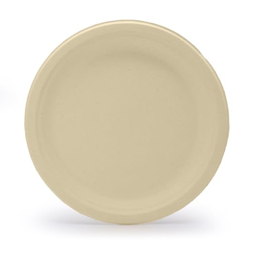 Tellus 9 Inch Disposable Plates, 125 Count – Made in USA with U.S and Imported Plant Fibers, BPI Certified ASTM D6868, CMA & Kosher, No PFAS Added, Durable & Beige Color