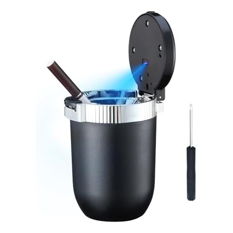 Car Ashtray with lid Portable Ash Tray Smell Proof Ashtray Mini Car Trash Can with LED Blue Light Windproof for Outdoor Travel Silver 1 pack Cover