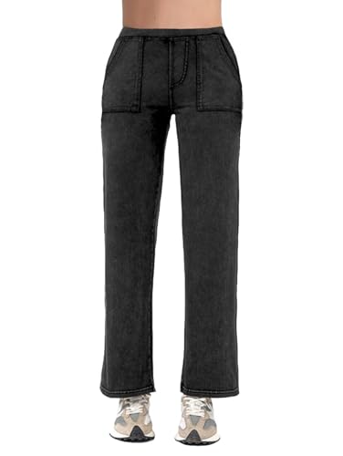 Mid Waisted Straight Leg Pull On Jeans for Women Denim Pants with Pockets Stretchy2
