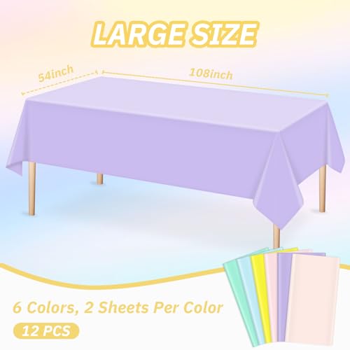 Image of 12 Pack Pastel Color Tablecloths, Pastel Plastic Table Cloths for Parties, 6 Color Pastel Party Decorations Set for Girls Birthday, Unicorn and Ice Cream, Baby Shower, Wedding Party, 54 x 108 Inch