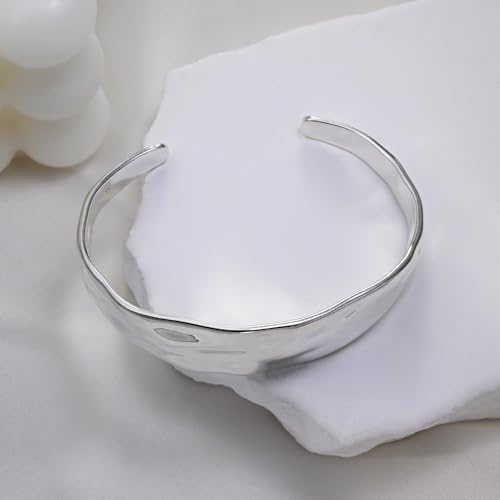 Sterling Silver Chunky Cuff Bracelet Vintage Hammered Texture Style Statement Open Bangle Bracelets for Women - Image 5