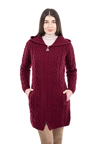 Image of SAOL 100% Merino Wool Aran Irish Cardigan for Women with Pockets, Hood and Celtic Zipper