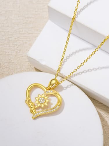 14K Solid Gold Rose Flower/Sunflower Necklaces for Women Flower Heart Pendant Necklace Love Sunshine Jewelry Anniversary Valentine's Day Birthday GiftS for Women Wife Girlfriend Her Mom3