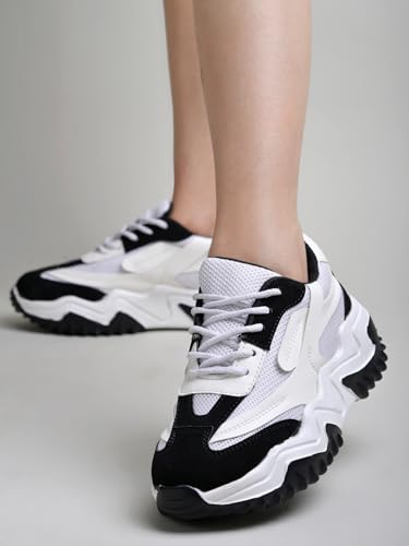 Image of Chunky Platform Sneakers for Women Colorblock || Lace-Up Athletic Shoes with Wavy Sole Design Casual and Party