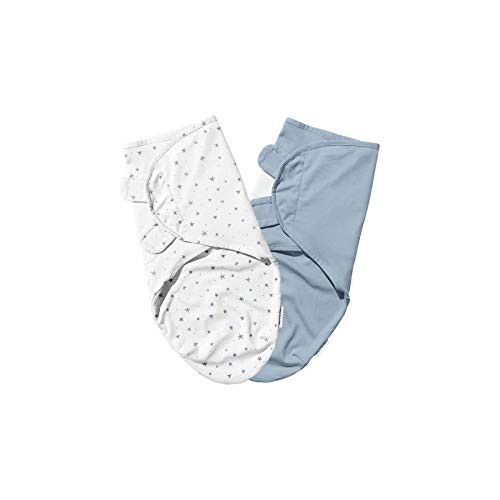 Image of Ely’s & Co. Swaddleez Adjustable Baby Swaddle Wrap 2-Pack Cotton for Baby Boy from 0-3 Months — Dusty Blue Stars & Solid Dusty Blue