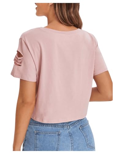 SweatyRocks Women's Short Sleeve T Shirt Graphic Print Distressed Crop Top2