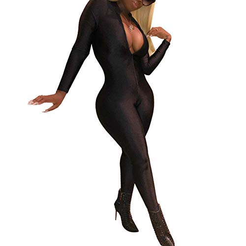 ECHOINE Women's Sexy Zip Up One Piece Outfits Deep V-Neck Long Sleeve Bodycon Long Pants Party Clubwear Jumpsuit Romper Black L