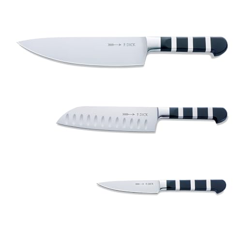 F. DICK 1905 Set (3-Teiliges Messerset, bestehend aus Kochmesser/Santoku/Officemesser, Küchenmesser) 81974300, Silber mit Schwarzem Griff