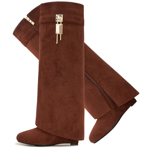 Image of Fold Over Boots for Women Pointy Pull-on Wedge Heel Knee Shark Boot With Side Zipper Padlock Design