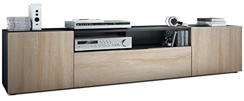 Vladon Mueble TV Mogan, Mueble Televisor con 2 Puertas, 1 Puerta abatible y 1 Compartimento Abierto, Negro Mate/Roble áspero (181 x 39 x 35 cm)