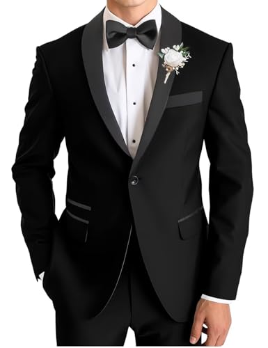 Mens 2 Pieces Tuxedo One Button Slim Fit Shawl Lapel Prom Tuxedo Pants Set with Bow Tie for Wedding Groomsmen - Main Image