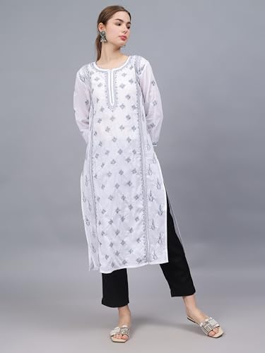 Image of Seva Chikan Hand Embroidered Lucknowi Chikankari Cotton Straight Kurta for Women SCL4567