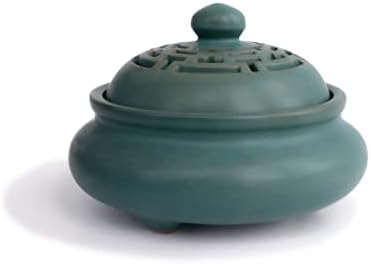 4.5" Wide Round Ceramic Incense Burner Bowl | Stick Rope Dhoop Cone Ash Catcher | Traditional Chinese Design Meditation (Green)