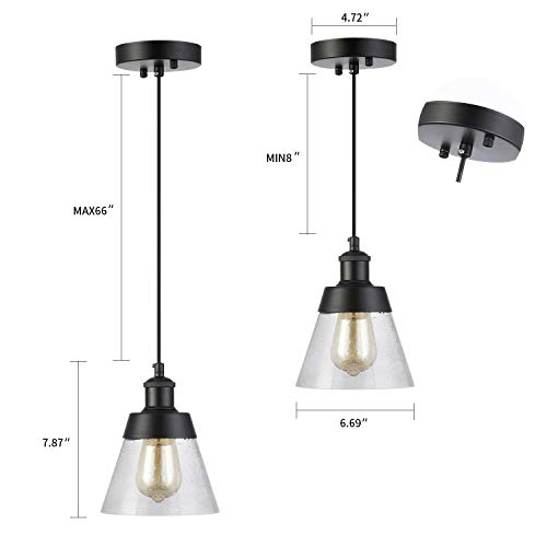 Industrial Glass Pendant Light with Handblown Clear Seeded Glass Shade, One-Light Adjustable Rustic Mini Pendant Lighting Fixture for Kitchen Island Cafe Bar Farmhouse, Black - Image 4