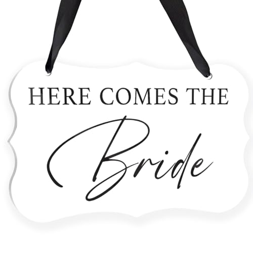 Wedding Acrylic Decor Sign Bridal Shower Decoration Here Comes The Bride Decorations Acrylic Seat Sign Hanging with Ribbon for Wedding Reception Ceremony Seating and Church Chair Decor (White)