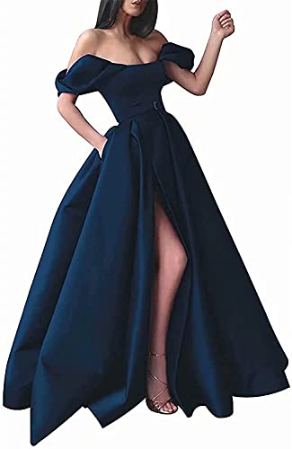 Luokadress Off The Shoulder Long Satin A Line Dress Puffy Sleeves Ball Gowns Formal Evening Gowns Split Prom Dresses Teal, 8