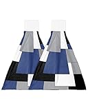 Hanging Tie Towel Set of 2 Kitchen Hand Towels Navy Blue Black Gray White Checkered Absorbent Bathro