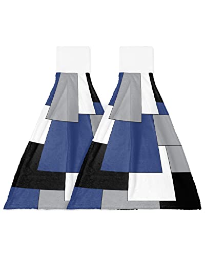 Hanging Tie Towel Set Of 2 Kitchen Hand Towels Navy Blue Black Gray White Checkered Absorbent Bathroom Washing Towels Soft Plush Durable Tea Bar Dish Cloth For Laundry Abstract Art Color Squares #TOP18