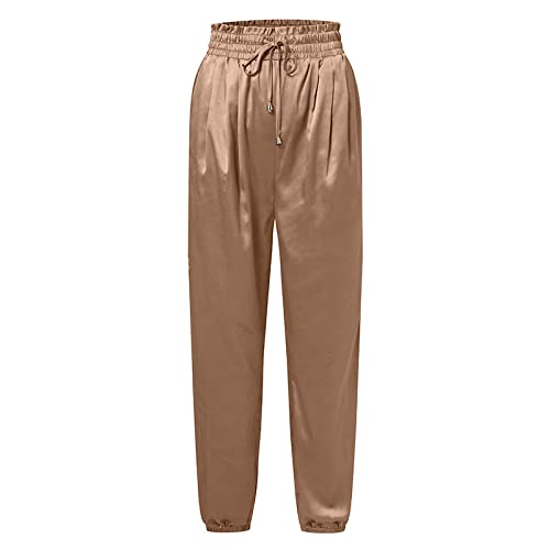 Pantalón Bombacho para Mujer - Primavera Alta Cintura Elástica Pantalones Sólidos Elegantes Mujeres Largos Lápiz Pantalones Casual Satin Pantalon Harem Pantalones Talla Grande, Caqui, S Cover