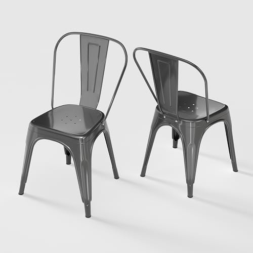 Image of Metal Dining Chairs with Backrest, Stackable, Grey, 2 Pack | Easy Assembly, Non-Slip Feet, 330 lb Capacity, Kitchen, Restaurant, Cafe, Pub, Covered Patio
