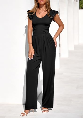 PRETTYGARDEN One Piece Jumpsuits For Women Dressy Ruffle Cap Sleeve V Neck Ribbed Knit Wide Leg Romper 2026 Summer Outfits (Black,Medium) — view 6