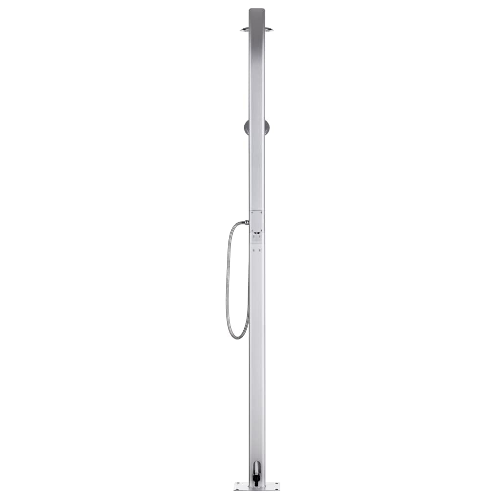 Ducha de jardín de aluminio de 220 cm con placa de base WPC marrón, ducha de cabeza y ducha de mano con manguera flexible de 1,5 m, soporte de ducha de mano y estante para toallas, resistente