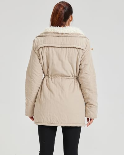 MEWOW Women's Winter Mid Length Thick Warm Faux Lamb Wool Lined Jacket Coat (L, Light Khaki) - Thumbnail 2