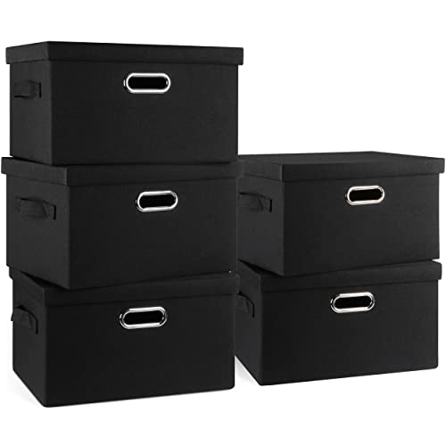Graciadeco Medium 15" 21 Quart Collapsible Stackable Storage Bins with Lids, 5 Packs Black Foldable Fabric Closet Storage Boxes with Lids, Lidded Heavy-duty Linen Baskets(15x11x8)