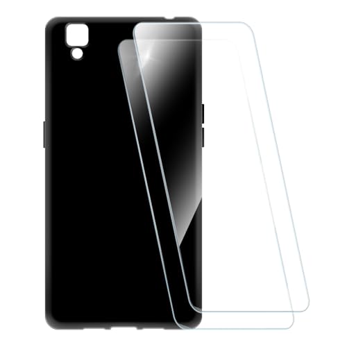 ESACMOT Bedruckte Hülle + 2 Glas Schutzfolie Kompatibel mit Oppo R7S, Stoßfeste Weiche Cover & HD Klare Tempered Glass Folie (Schwarz)