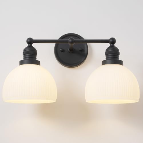 Teqinchy 2-Light Wall Sconces,Black Double Bathroom Vanity Light with Milk Glass Minimalist...