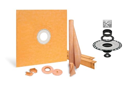 All-in-one Shower Kit: 60x60 Center Shower Pan (Tray), 2 inch ABS flange and 4 Inch Shower Drain Cover in Curve Design with Brushed Stainless Steel Finish (KDIF4GRKEBD6 Grate)