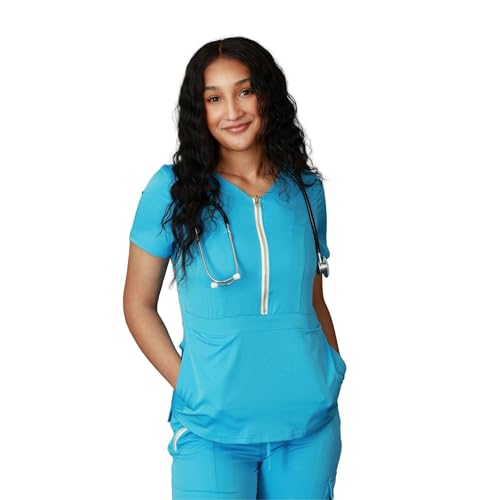 Tulia Scrubs The Kiki Women's Half Zip Scrub Top – Stretch, Breathable, Zippered Pockets – Modern Fit Medical Scrub Top – Sky Blue
