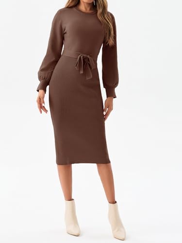 Saodimallsu Womens Long Puff Sleeve Sweater Dress Crew Neck Bodycon Ribbed Knit Fall Midi Dresses with Belt2