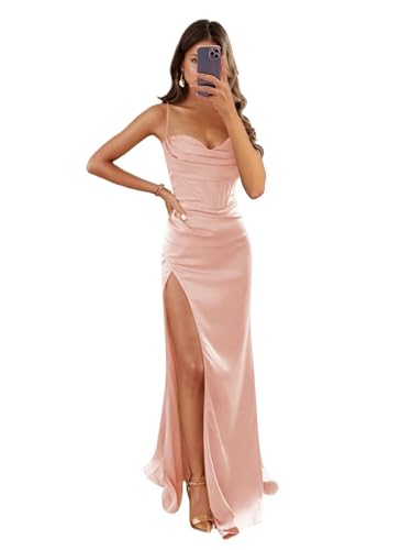 Image of Women's Mermaid Prom Dress with Slit Satin Bridesmaid Dresses Long Corset Evening Formal Party Gown