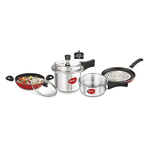 Pigeon Starter Kit of Mini Containing 2 and 3 litre Aluminium Pressure Cooker Outer Lid, 250 mm Flat Tawa and 240mm Kadai with Glass Lid (Silver)