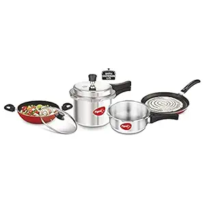 Pigeon Starter Kit of Mini Containing 2 and 3 litre Aluminium Pressure Cooker Outer Lid, 250 mm Flat Tawa and 240mm Kadai with Glass Lid (Silver)