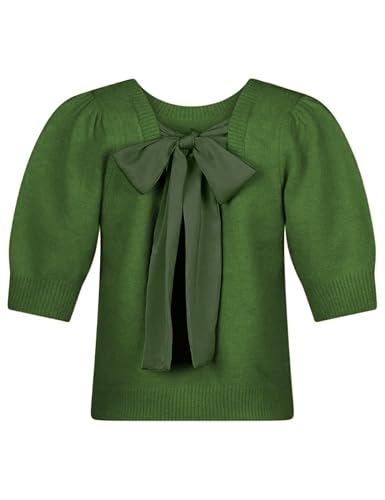 Springrain Bow Sweater Women Casual Puff Short Sleeve Crew Neck