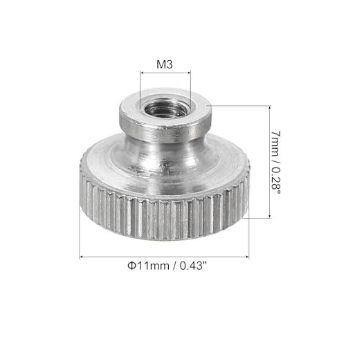 QUARKZMAN Gerändelte Daumenmuttern, 4 Stück M3 x D11mm x H7mm Edelstahl Runde Knöpfe Befestigungselemente Blindloch Hand Schraubenmutter Silber für 3D-Drucker Teile, Maschinenwerkzeuge