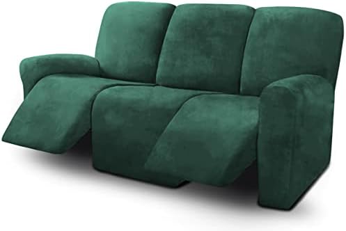 ULTICOR 8-Pieces Recliner Sofa Covers Velvet Stretch Reclining Couch Covers for 3 Cushion Reclining Sofa Slipcovers Furniture Covers Thick Soft Washable (Retro Green)
