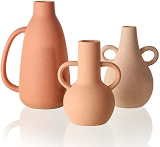 TERESA'S COLLECTIONS Ceramic Vase for Flowers, Set of 3 Decorative Flower Vases with Handle, Terracotta Beige Boho Pottery Vase for Living Room, Mantel, Shelf, Kitchen, 22.2/15.3cm Tall