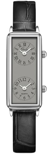 Gosasa Montre à quartz analogique pour femme - Double fuseau horaire - Étanche - Deux cadrans - Chiffres romains et arabes - Bracelet en cuir pour voyage et...