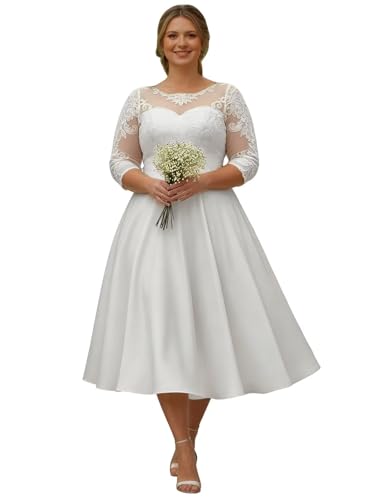 White Plus Size Tea Length Wedding Gowns for Bride Lace